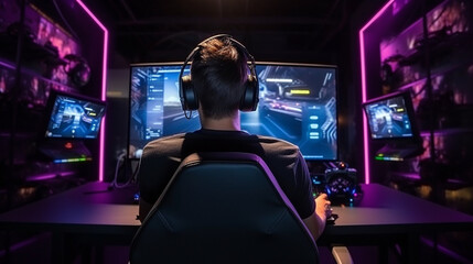 Back view of young man gamer using computer playing game brooding cast online social media with colorful Led light decoration. E-sport technology content creator lifestyle concept. Generative AI