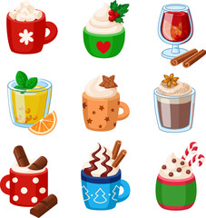Cute cartoon winter drinks. Cocoa, chocolate, tea and coffee. Vector illustration on a white background.