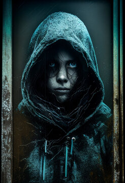 Creepy portrait of a young woman in a hood looking through the mirror like a ghost at night. AI Generated