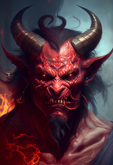 Evil and scary demon with horns in human form against the background of red flames. AI Generated