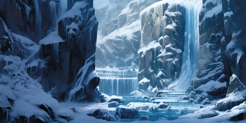AI Generated. AI Generative. Winter snow ice nature outdoor frozen waterfall landscape background. Graphic Art