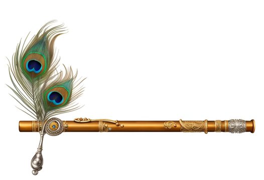 Beautiful flute with gold and silver embroidery and peacock feather, lord Krishna flute isolated on white background, generative ai