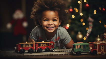 A cute baby boy child smiling and playing with a Christmas train next to a Christmas tree, Christmas presents, Christmas gifts, winter, holiday season, noel