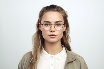 Pretty young female wearing spectacles on white backdrop. Eyewear store advertisement.