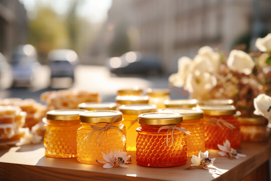 Local market with fresh farm products. Different honey close-up on street counter