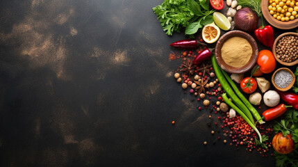 Obraz na płótnie Canvas Asian food background with various ingredients on ru, generative ai
