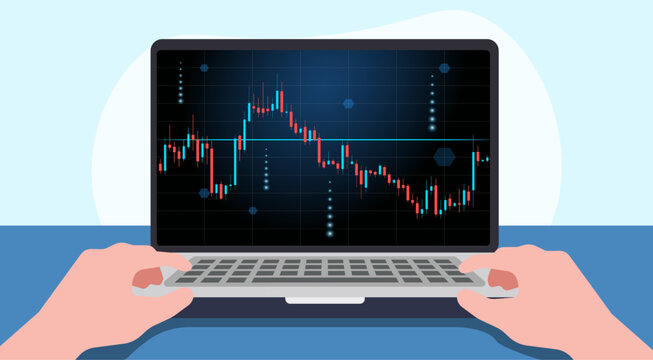 vector of hands on laptop computer with statistical or analytical information and practical stock charts