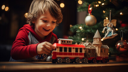 A boy child smiling and playing with a Christmas train next to a Christmas tree, Christmas presents, Christmas gifts, winter, holiday season, noel