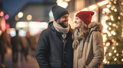 Naklejka premium Street Photograph of a couple with bright lights in the background, winter Season