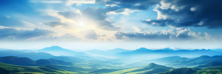 Deurstickers Beautiful aerial View of hilly landscape in morning mist with sun rays, banner format © colnihko