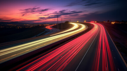 photograph of A long exposure photo, motion blur of a highway at night.generative ai - obrazy, fototapety, plakaty