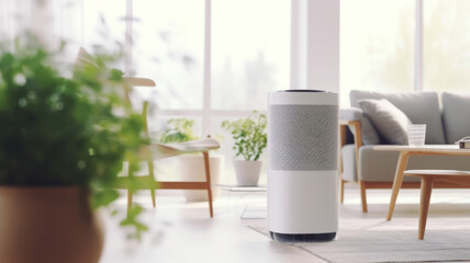 Air purifier in cozy white living room for filter and cleaning removing dust PM2.5 HEPA and virus in home.generative ai