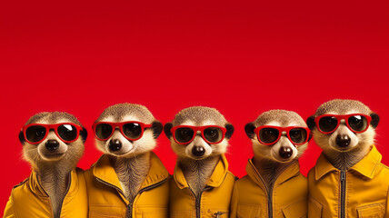 Group of Meerkat wear sunglasses, vibrant bright fashionable Creative animal concept Generative AI.