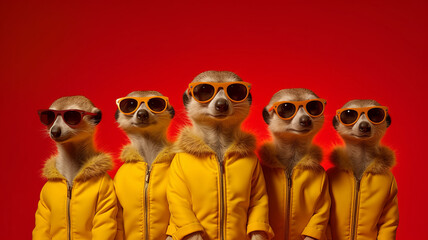 Group of Meerkat wear sunglasses, vibrant bright fashionable Creative animal concept Generative AI.