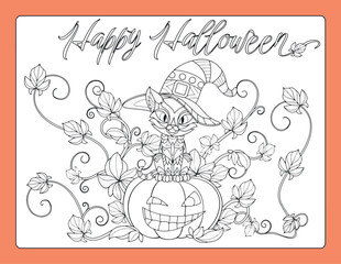 Fototapeta premium Halloween Coloring pages, Scary pumpkin drawing on black and white background, Vector illustration, Pumpkin Poster Design
