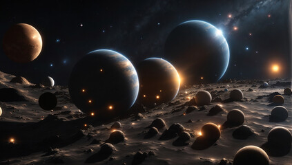 a compelling of a remote exoplanet in orbit around its parent star, surrounded by a system of multiple captivating moons - AI Generative - obrazy, fototapety, plakaty