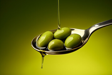 Green olives and olive oil in a spoon on a green background, beautiful food composition