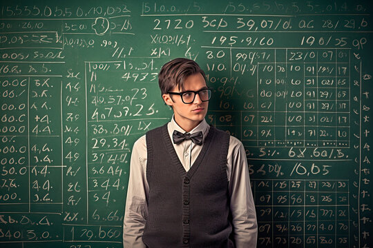 nerd student with classic outfit standing with a chalkboard background