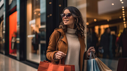 Woman in shopping. Happy woman with shopping bags enjoying in shopping. Consumerism, shopping, lifestyle concept - obrazy, fototapety, plakaty