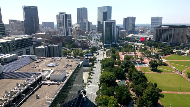 Aerial stock video approach Skyview Atlanta ferris wheel rise city views
