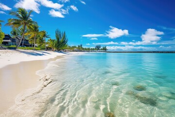 Fototapeta na wymiar tropical beach in Maldives with few palm trees and blue lagoon, amazing white beaches of Mauritius island. Tropical vacation, AI Generated
