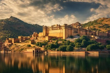 Fototapeta na wymiar The Amber Fort in Jaipur, Rajasthan, India, Amber Fort and Maota Lake, Jaipur, Rajasthan, India, AI Generated