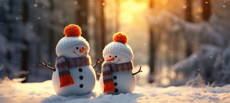 snowmen knitted with red wool hat and orange scarf in snow with forest in background.