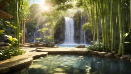 A mesmerizing scene where a serene water basin glistens under the gentle caress of sunlight, encircled by majestic, towering bamboo stalks that create an enchanting natural canopy - AI Generative