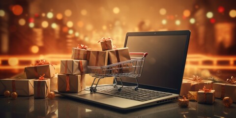 A Laptop Screen Displays a Shopping Cart Filled with Presents, Signifying Christmas Shopping, Black Friday, and the Convenience of Online Holiday Purchases during the Festive Christmas Season