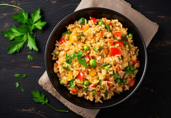 Fried rice with vegetables in a black bowl Asian food, generative ai