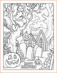 Haunted House Coloring Pages, Cute Haunted House Halloween Print, Black white vector