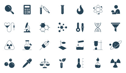 Laboratory and Science icon set. Chemistry lab experiment, test tube baker icons vector
