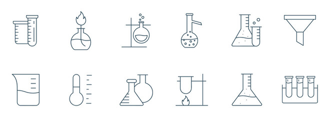 Laboratory glassware line icon set. Chemistry or science research lab equipment Beaker, flask, test tube for microbiology outline vector