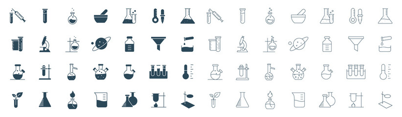 Science Laboratory Equipment Icon Set. Pharmacy lab glassware, beakers, test tube, glass, and flask outline vector illustration - obrazy, fototapety, plakaty