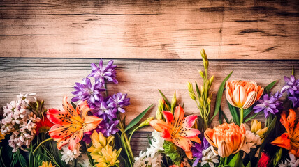 Arrière plan en bois avec fleurs de printemps vu de dessus