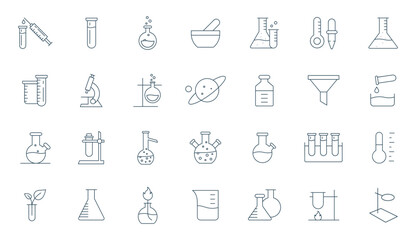 science Laboratory Equipment line Icon Set. Pharmacy lab glassware, beakers, test tube, glass, and flask vector illustration 