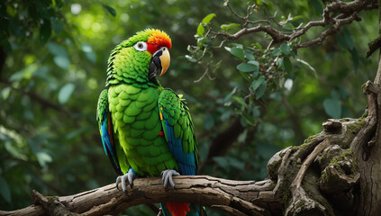 A vibrant green parrot with a menacing expression perched atop a gnarled tree branch - AI Generative
