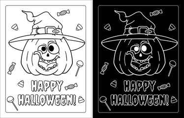 Pumpkin coloring page for Halloween, vector illustration, Black and white pumpkin drawing