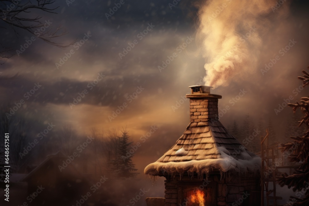 Poster a picture of a house with a chimney on a snowy day. this image can be used to depict a cozy winter s
