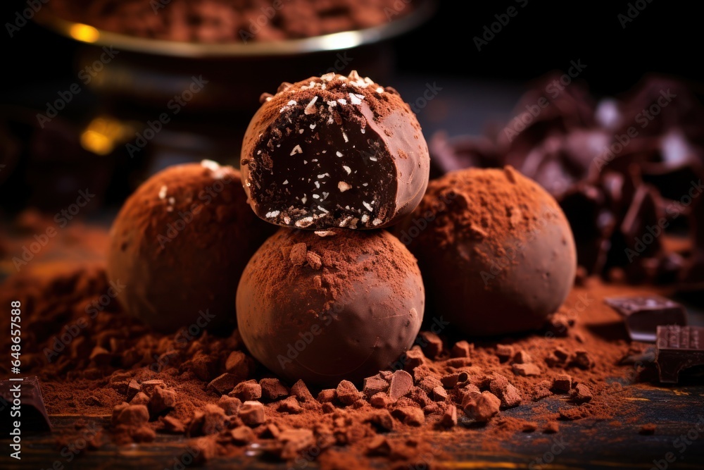 Poster a pile of chocolate truffles sitting on top of a table. this image can be used to showcase delicious