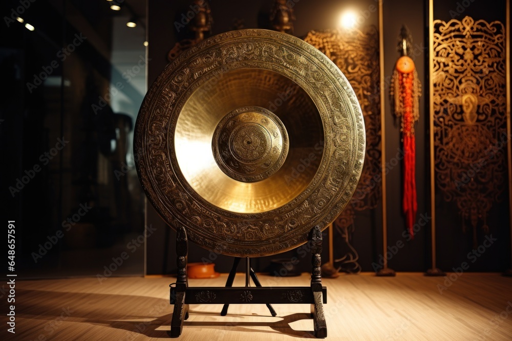 Poster a gong on a stand in a room. suitable for interior design and meditation-related themes.