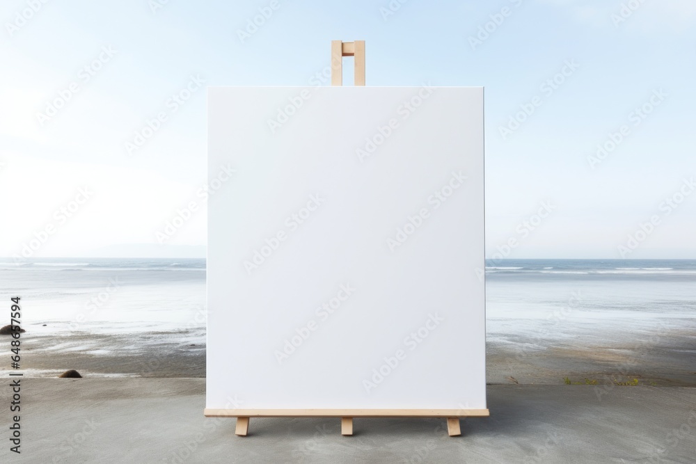 Poster an easel with a blank canvas is set up on the beach. perfect for artists looking for inspiration or 