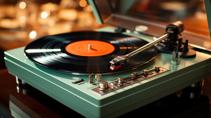 Naklejka premium Retro futuristic Vinyl record player, bright lights disco-bokeh. Needle on vinyl record.