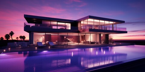 Modern House with a Pool and a Stylish Bar Area, Accentuated by a Light Purple Aesthetic, Perfectly Blending Luxury, Outdoor Living, and Architectural Beauty