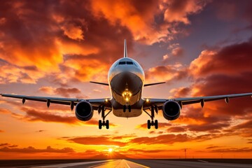Fototapeta na wymiar A large jetliner gracefully glides through the sky as the sun sets in the background. This captivating image can be used to depict travel, aviation, or the beauty of nature during golden hour.
