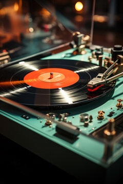 Retro futuristic Vinyl record player, bright lights disco-bokeh. Needle on vinyl record.