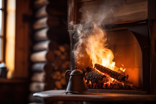 A kettle sitting in front of a fire. This image can be used to depict coziness and warmth.