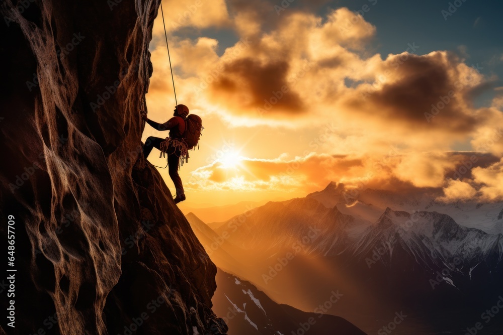 Poster a man is seen climbing up the side of a mountain during a breathtaking sunset. this image captures t