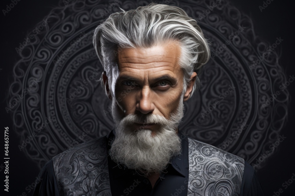 Poster a picture of a man with a white beard and grey hair. this image can be used to represent wisdom, age