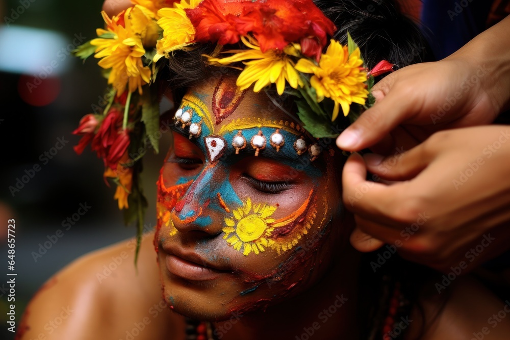 Poster A person with a face painted with flowers. This unique image can be used for various creative projects and events.